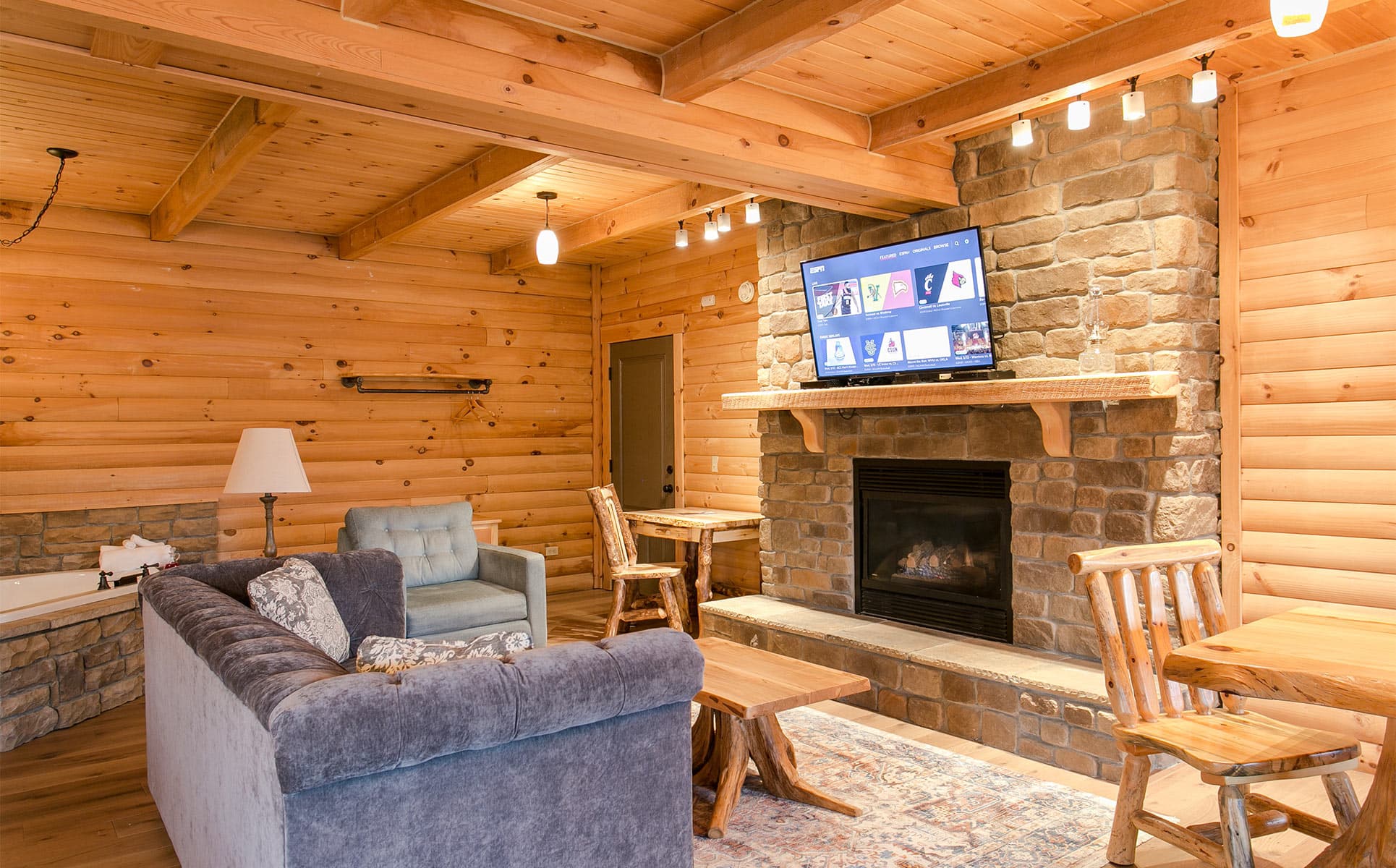 Living room with tub in background