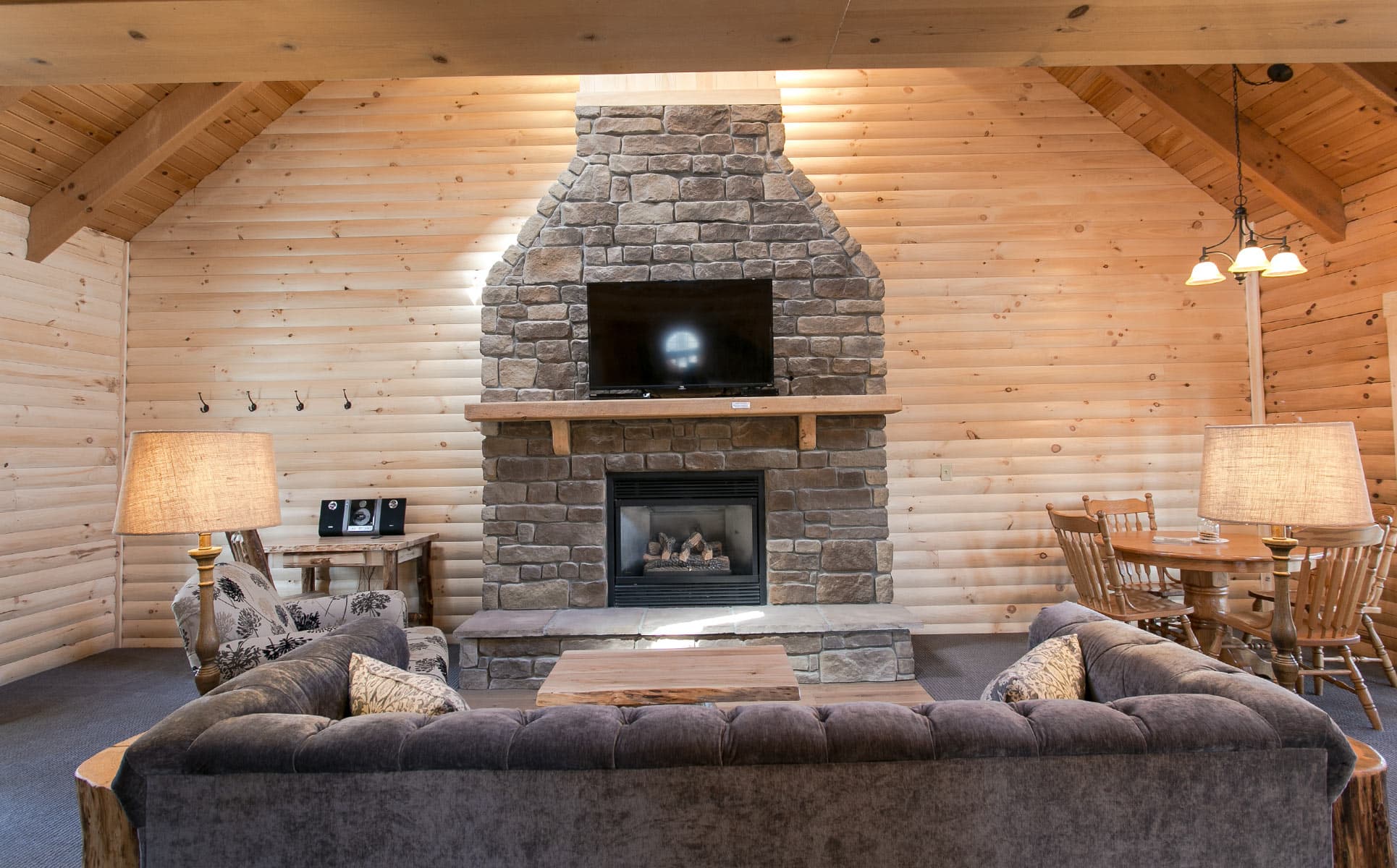 Stone fireplace in living room