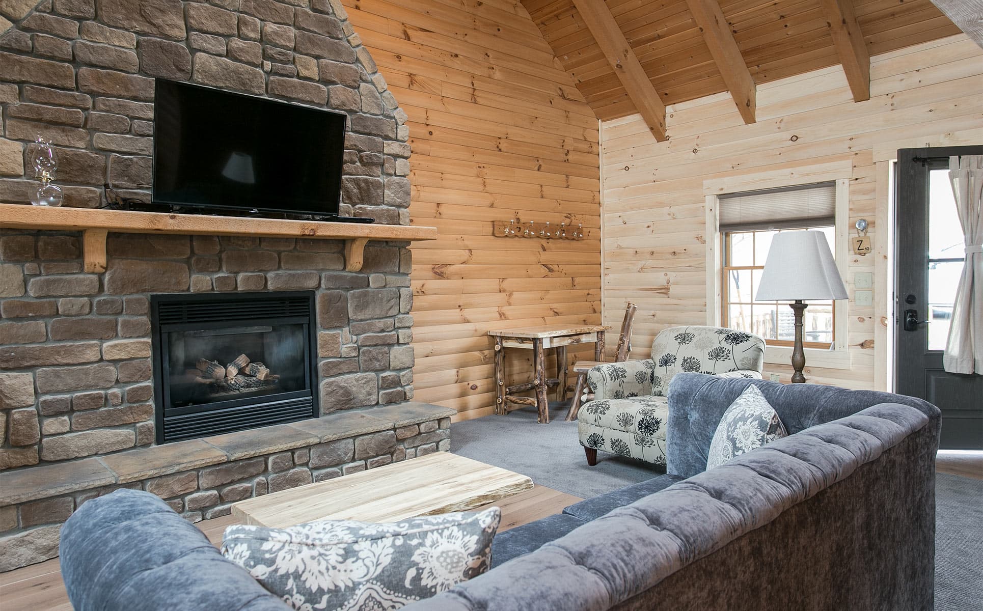 stone fireplace in the living room