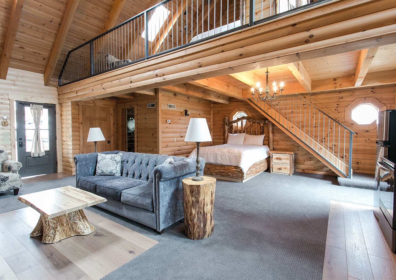 Main floor with couch and bed, loft above