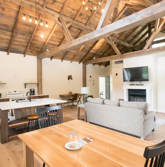 Interior of Barn Suite with Full Kitchen and Living Room