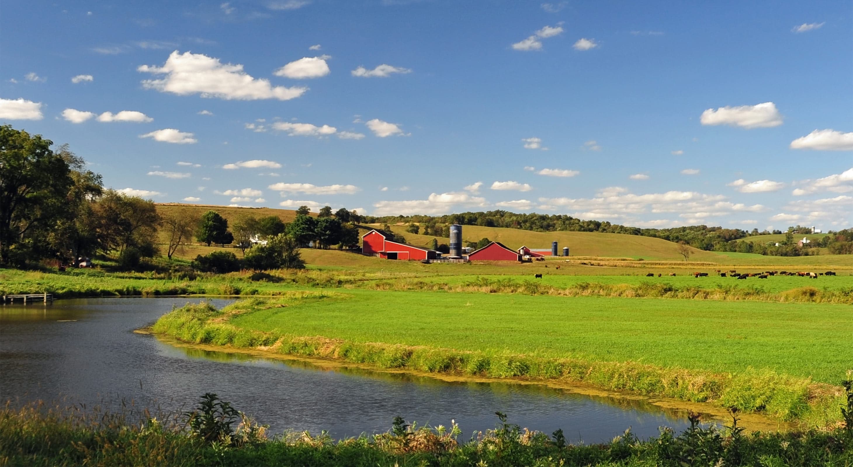 Red barn in the background with a green field and stream in front