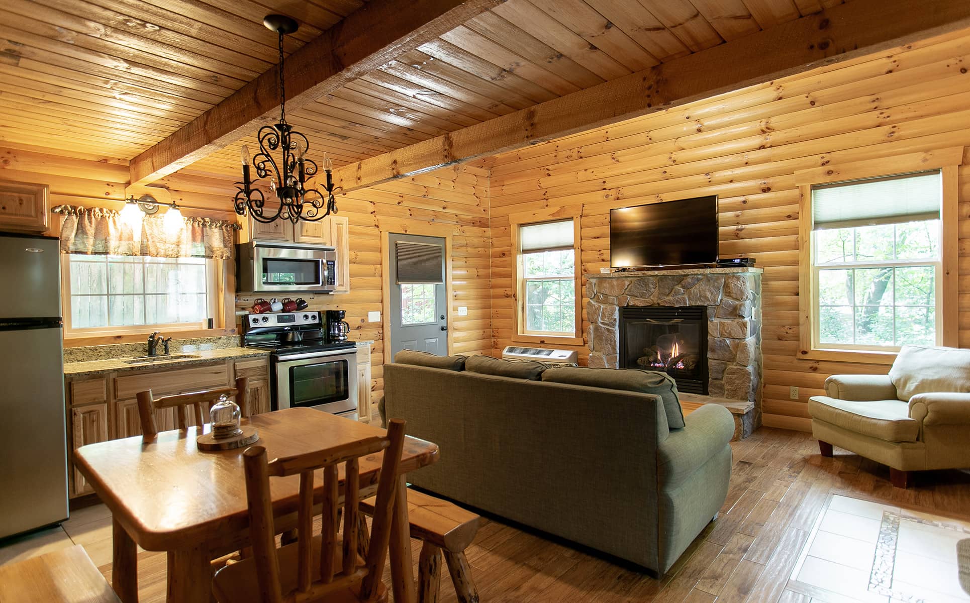 Living Room and Kitchen area with Fireplace