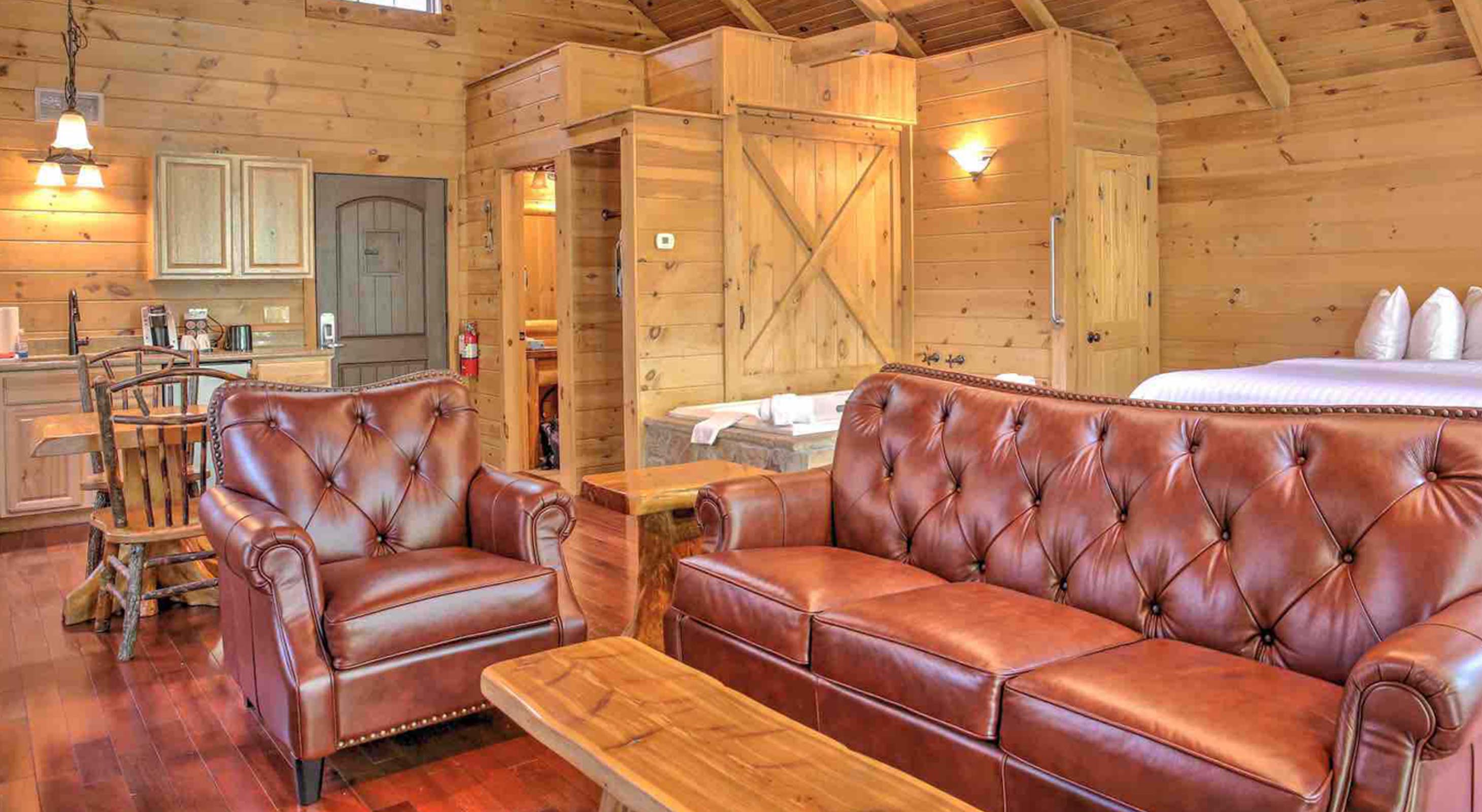 Interior of Treehouse with bed, couch, stone fireplace, and TV