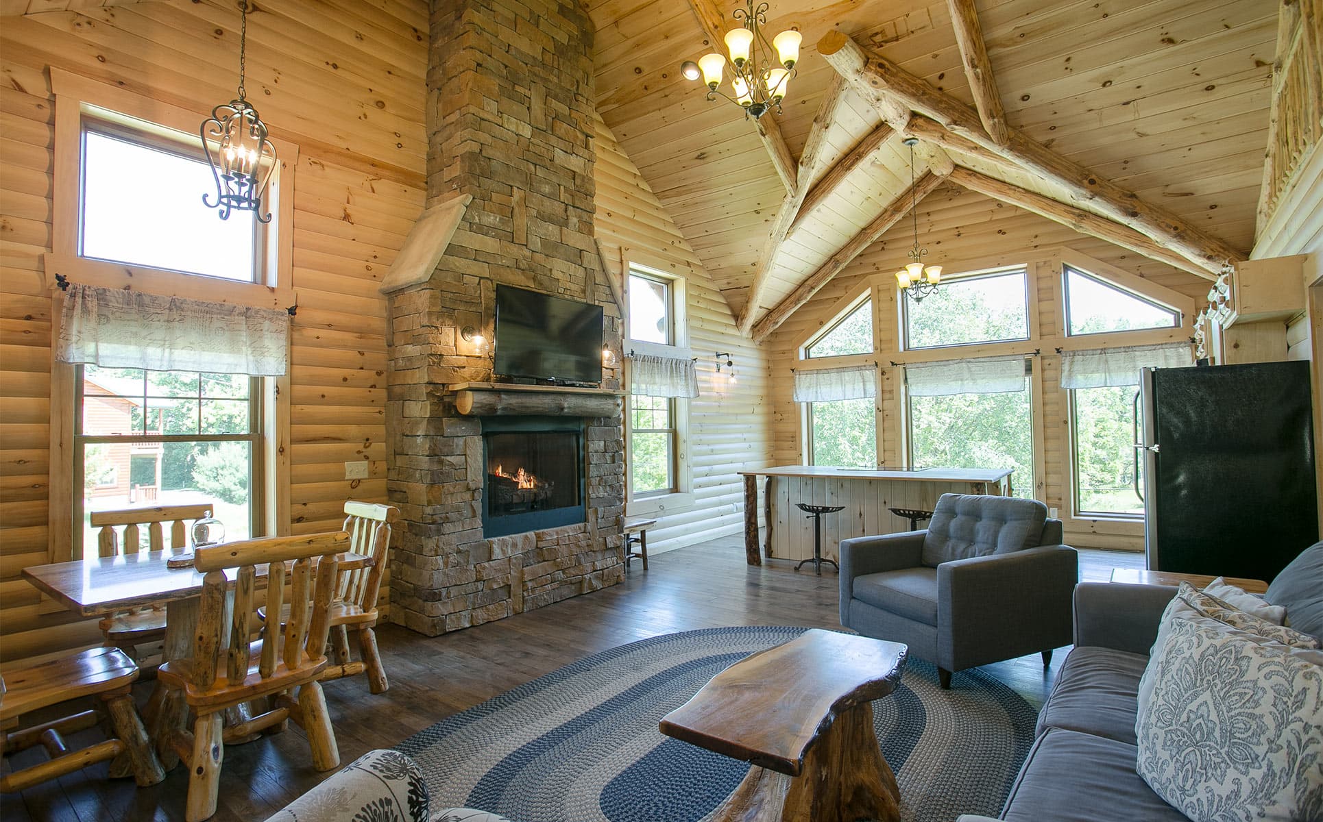 Living Room area with stone fireplace